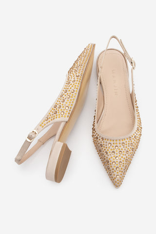 Kadın Sivri Burun Taşlı Babet Vorbi - Bej Saten