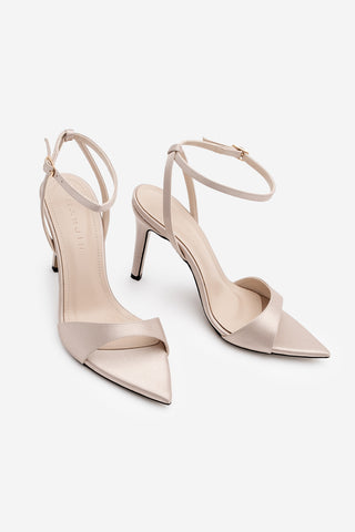 Kadın Sivri Burun Bantlı İnce Topuklu Sandalet Lokes - Bej Saten
