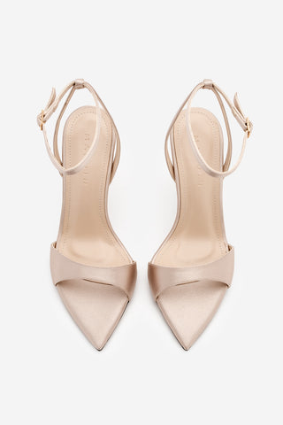 Kadın Sivri Burun Bantlı İnce Topuklu Sandalet Lokes - Bej Saten