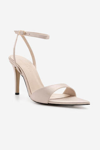 Kadın Sivri Burun Bantlı İnce Topuklu Sandalet Lokes - Bej Saten