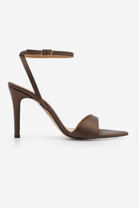 Kadın Sivri Burun Bantlı İnce Topuklu Sandalet Lokes - Kahve Saten
