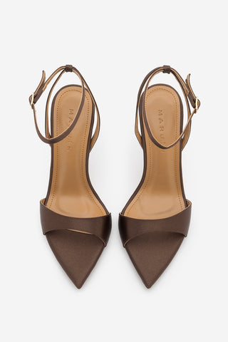 Kadın Sivri Burun Bantlı İnce Topuklu Sandalet Lokes - Kahve Saten