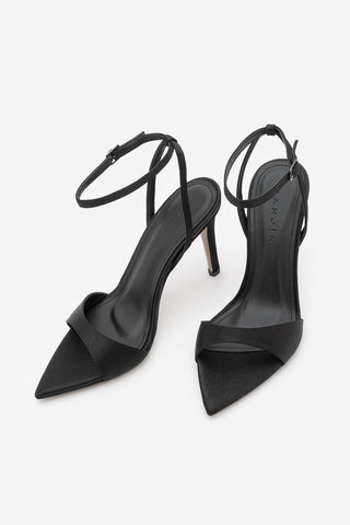 Kadın Sivri Burun Bantlı İnce Topuklu Sandalet Lokes - Siyah Saten