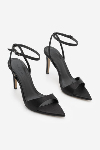 Kadın Sivri Burun Bantlı İnce Topuklu Sandalet Lokes - Siyah Saten