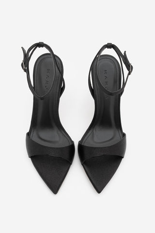 Kadın Sivri Burun Bantlı İnce Topuklu Sandalet Lokes - Siyah Saten