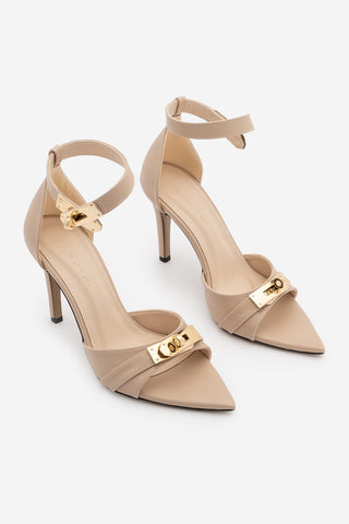 Kadın Sivri Burun Tokalı İnce Topuklu Sandalet Sophira - Bej