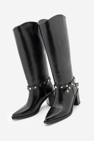 Kadın Fermuarsız Topuklu Çizme Fuslep - Siyah