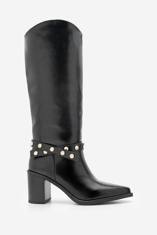 Kadın Fermuarsız Topuklu Çizme Fuslep - Siyah