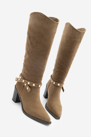 Kadın Fermuarsız Topuklu Çizme Fuslep - Taba Süet