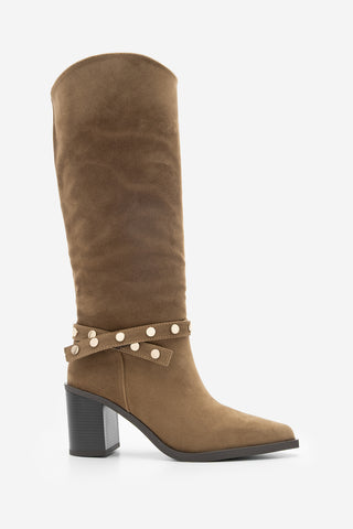 Kadın Fermuarsız Topuklu Çizme Fuslep - Taba Süet