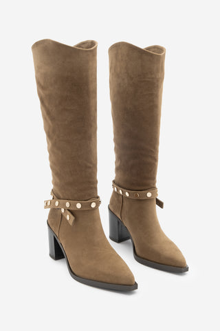 Kadın Fermuarsız Topuklu Çizme Fuslep - Taba Süet