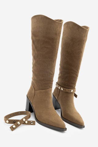 Kadın Fermuarsız Topuklu Çizme Fuslep - Taba Süet