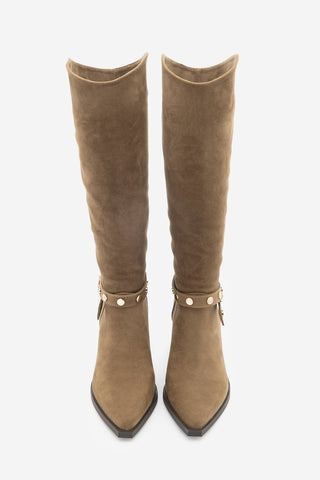 Kadın Fermuarsız Topuklu Çizme Fuslep - Taba Süet