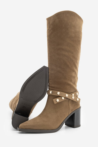 Kadın Fermuarsız Topuklu Çizme Fuslep - Taba Süet