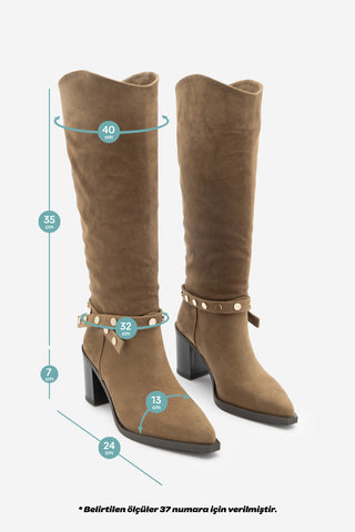 Kadın Fermuarsız Topuklu Çizme Fuslep - Taba Süet