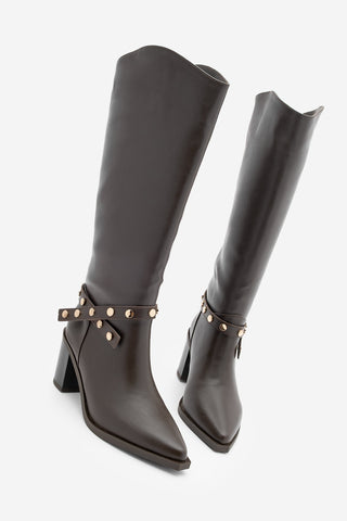 Kadın Fermuarsız Topuklu Çizme Fuslep - Kahve