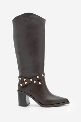 Kadın Fermuarsız Topuklu Çizme Fuslep - Kahve