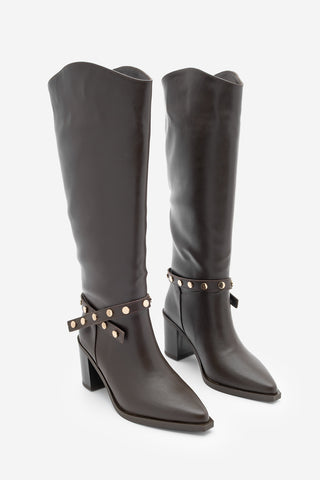 Kadın Fermuarsız Topuklu Çizme Fuslep - Kahve