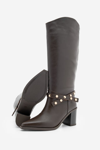 Kadın Fermuarsız Topuklu Çizme Fuslep - Kahve