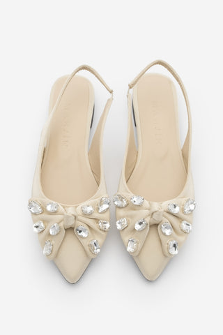 Kadın Sivri Burun Fiyonklu Taşlı Babet Lispen - Bej Saten