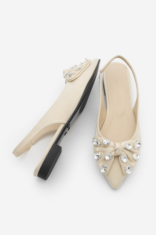 Kadın Sivri Burun Fiyonklu Taşlı Babet Lispen - Bej Saten