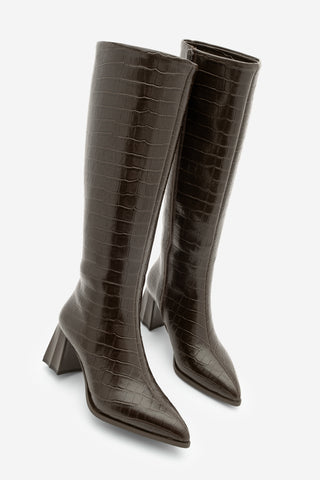 Kadın Sivri Burun Topuklu Çizme Alenta - Kahve Croco
