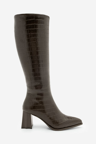 Kadın Sivri Burun Topuklu Çizme Alenta - Kahve Croco