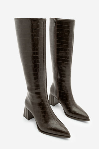 Kadın Sivri Burun Topuklu Çizme Alenta - Kahve Croco