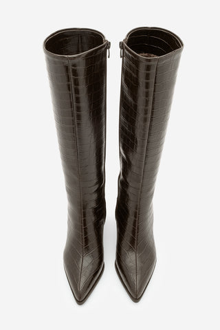Kadın Sivri Burun Topuklu Çizme Alenta - Kahve Croco