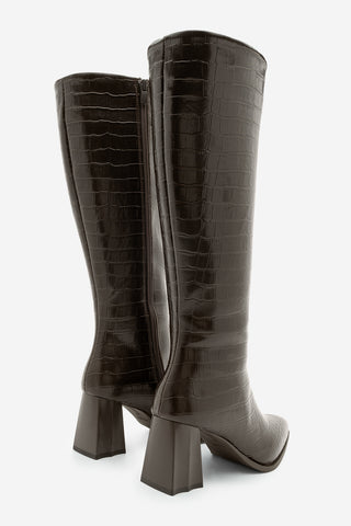 Kadın Sivri Burun Topuklu Çizme Alenta - Kahve Croco