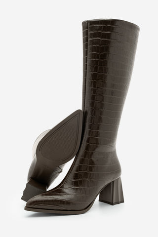 Kadın Sivri Burun Topuklu Çizme Alenta - Kahve Croco