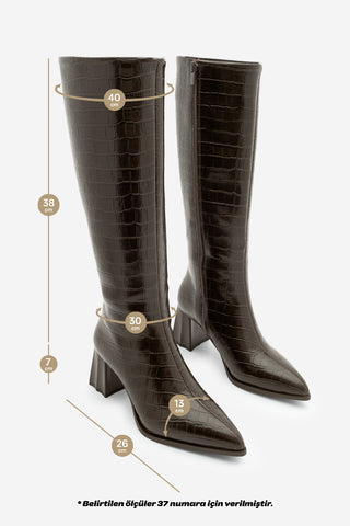 Kadın Sivri Burun Topuklu Çizme Alenta - Kahve Croco
