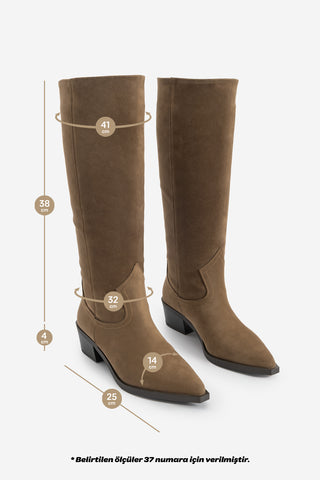 Kadın Sivri Burun Western Çizme Mivez - Kahve Süet