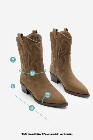 Kadın Sivri Burun Nakışlı Western Bot Nilva - Taba Süet