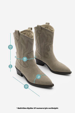 Kadın Sivri Burun Nakışlı Western Bot Nilva - Vizon Süet