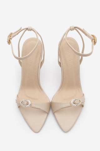 Kadın Sivri Burun Taşlı Topuklu Sandalet Bileza - Bej Saten