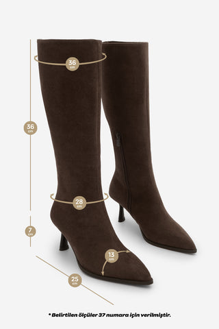 Kadın Sivri Burun Topuklu Çizme Lavisa - Kahve Süet
