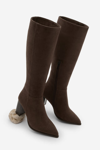 Kadın Sivri Burun Topuklu Çizme Mortez - Kahve Süet