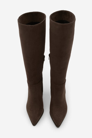 Kadın Sivri Burun Topuklu Çizme Mortez - Kahve Süet