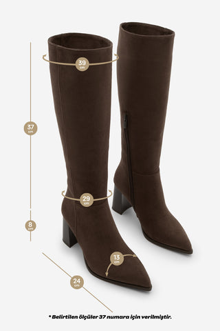 Kadın Sivri Burun Topuklu Çizme Mortez - Kahve Süet