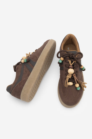 Kadın Sneaker Boncuklu Spor Ayakkabı Ranves - Kahve Süet
