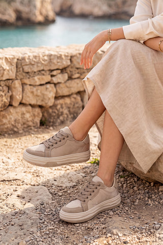 Kadın Sneaker Kalın Taban Spor Ayakkabı Sifaz - Bej Saten