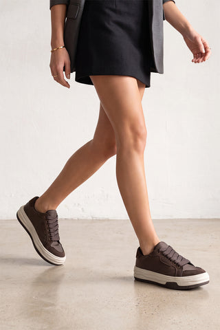 Kadın Sneaker Kalın Taban Spor Ayakkabı Sifaz - Kahve Saten