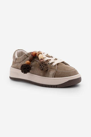 Kadın Sneaker Denim Çıkarılabilir Boncuklu Tokalı Spor Ayakkabı Porento - Bej Kot