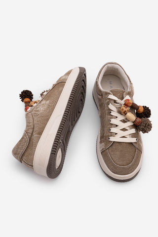 Kadın Sneaker Denim Çıkarılabilir Boncuklu Tokalı Spor Ayakkabı Porento - Bej Kot