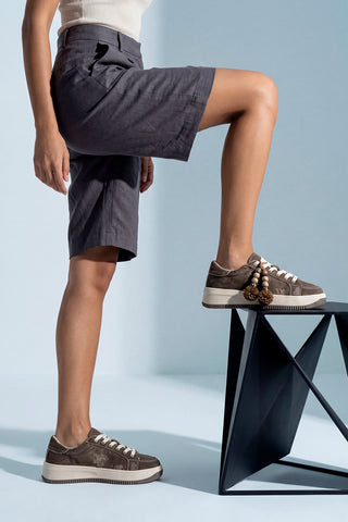 Kadın Sneaker Denim Çıkarılabilir Boncuklu Tokalı Spor Ayakkabı Porento - Kahve Kot