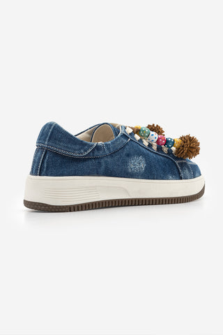 Kadın Sneaker Denim Çıkarılabilir Boncuklu Tokalı Spor Ayakkabı Porento - Lacivert Kot