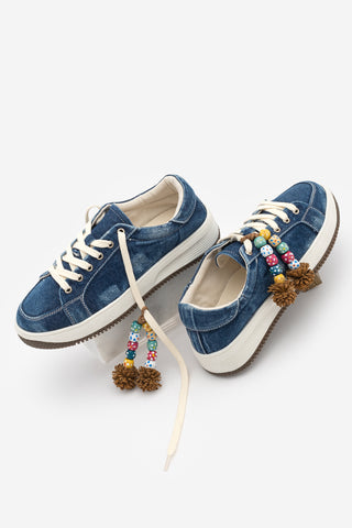Kadın Sneaker Denim Çıkarılabilir Boncuklu Tokalı Spor Ayakkabı Porento - Lacivert Kot