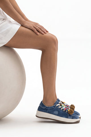 Kadın Sneaker Denim Çıkarılabilir Boncuklu Tokalı Spor Ayakkabı Porento - Lacivert Kot