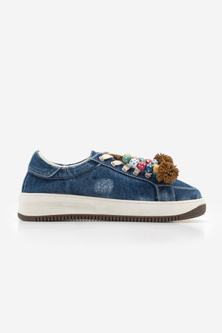 Kadın Sneaker Denim Çıkarılabilir Boncuklu Tokalı Spor Ayakkabı Porento - Lacivert Kot